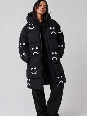 NWT! Lazy Oaf Happy Sad Longline Black Puffer Coat. Size S.  MAKE OFFER!